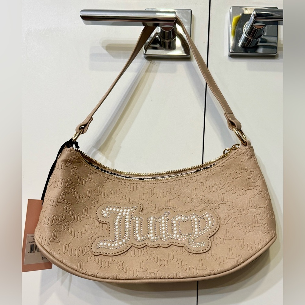 Juicy Couture Beige Embossed Logo Pearl-Accent Shoulder Bag NWt